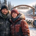 A collection of AI-generated images of sled dogs in motion on snow-packed trails and in striking portrait scenes.