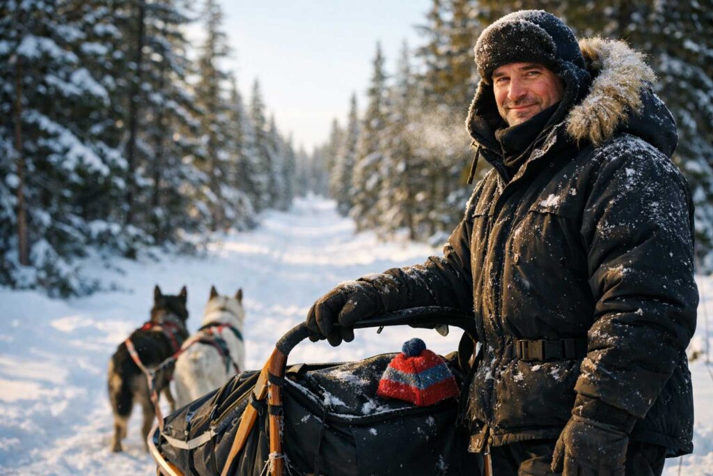 A collection of AI-generated images of sled dogs in motion on snow-packed trails and in striking portrait scenes.