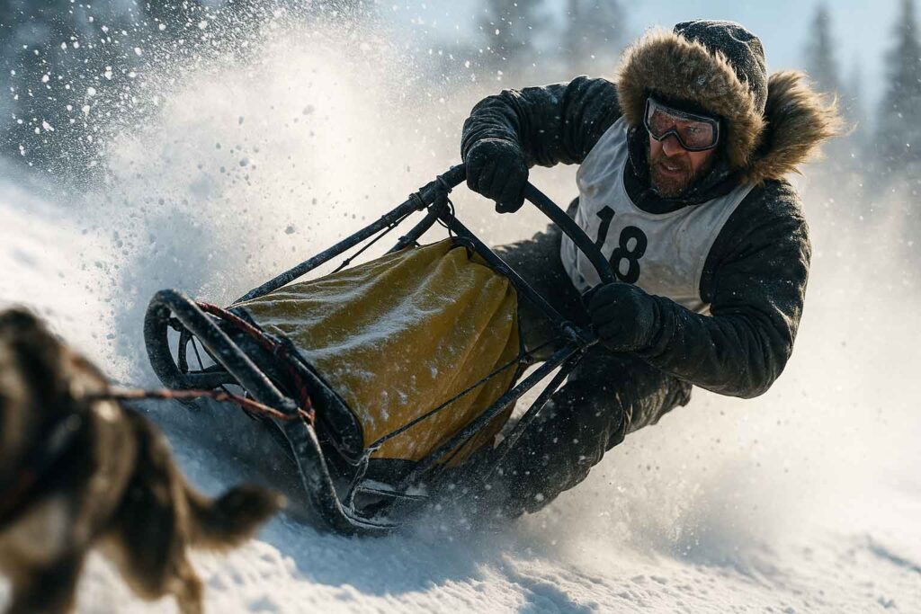 A collection of AI-generated images of sled dogs in motion on snow-packed trails and in striking portrait scenes.