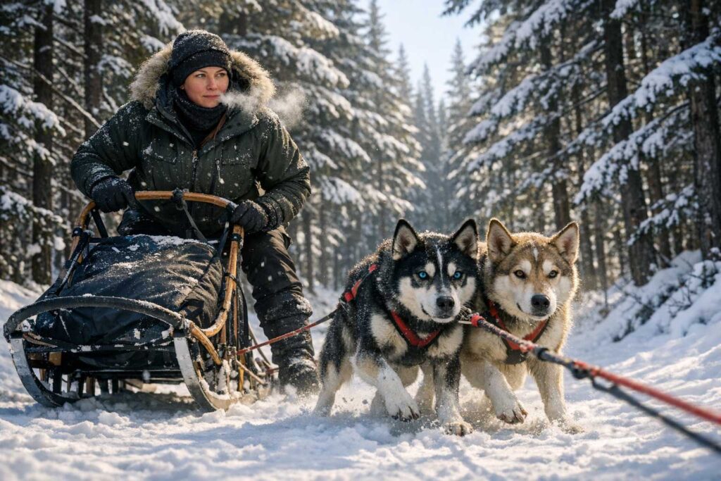 A collection of AI-generated images of sled dogs in motion on snow-packed trails and in striking portrait scenes.