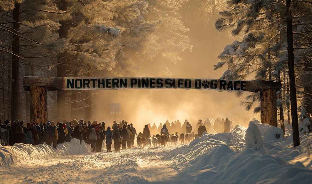 A collection of AI-generated images of sled dogs in motion on snow-packed trails and in striking portrait scenes.